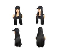 24" Synthetic Hair Extension Attached Baseball Cap Long Straight Wig Black Hat Hairpiece Wig for Women Hair Extensions Pièces Wigs(Natural Black)