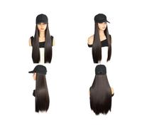 24" Synthetic Hair Extension Attached Baseball Cap Long Straight Wig Black Hat Hairpiece Wig for Women Hair Extensions Pièces Wigs(Brown black)