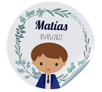 24 vignettes de communion. Autocollants personnalisés avec nom et date pour les cadeaux. Taille 45mm/60mm/70mm de diamètre. Ne convient pas aux vêtements. (Garçon brun)