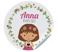 24 vignettes de communion. Autocollants personnalisés avec nom et date pour les cadeaux. Taille 45mm/60mm/70mm de diamètre. Ne convient pas aux vêtements. (Fille brune)