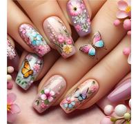 24 X Pressy Press Sur Ongles Papillons De Fausses Fleurs Couvertures Complètes Bâton Sur Les Longues Ballerines Artificielles