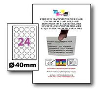 240 étiquettes rondes Ø40 mm polyester transparent brillant (10 feuilles). Compatibles laser, adhèrent sur plastique, verre, métal. Résistantes chaleur et humidité, idéales étiquetage. Réf UGEPE-B3