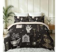 240 x 260 cm Vintage Sombre Parure de Lit, Noir Doux Microfibre Housse de Couette et 2 Taies d'oreiller, Alchimie Symbole Texte Clé Sablier Fiole Housses de Couettes pour Adultes Enfant