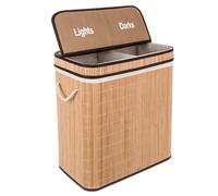 24269 Panier à linge, aspect bambou naturel, hygiénique, avec couvercle, poignée de transport et sac à linge, 2 compartiments, 100 l
