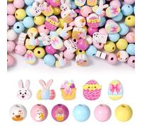 245 Pièces Perles en Bois de Pâques, Colorées Lapin Ouf Paniers Perles en Vrac pour l'Artisanat le Bricolage les Bracelets le Printemps la Guirlande la Ferme la Décoration de la Maison