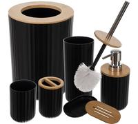 24635 Lot de 6 Accessoires de Salle de Bain avec Distributeur de Savon en Bambou, gobelet, Porte-Brosse à Dents, Porte-Savon, Poubelle de Salle de Bain, Brosse WC (Noir)