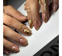 24pcs Amond Gold Press Sur Les Ongles Courte Avec Finition Brillante Et Conception Ondulée Idéale Pour Les Usages Quotidiens Et Vacances En Amande Faux Ongle