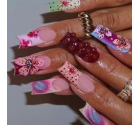 24pcs Appuyez Sur Des Ongles Carrés Faux Couvertures Complètes En Acrylique Avec Un Floral Bâton Sur Les Femmes Et Les Filles Couverture Complète Faux Ongle