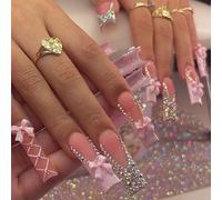 24pcs Appuyez Sur Des Ongles Long Square Faux Avec Arcs Et De Conception Colues Sur Les De Artificiels Réutilisables