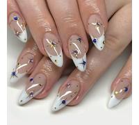 24pcs Blanc French Tip Amond False Nails Star Designs Star Dreamsy Hingestones Stick On For Manucure Nails Decoration Easy Apply False Nail