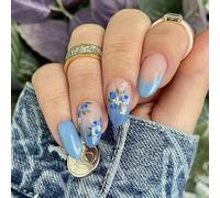 24pcs Bleu Fleur à Pression sur Ongles Forme Amande Courte Faux French Tip Collant Manucure Décors pour Femmes à coller avec Pointe Française