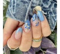 24pcs Blue Flower Press On Nails Amond Short Faux False French Tip Stick On Manucure Decors For Women Spring Nail Designs