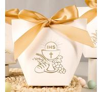 24Pcs Boîte Dragée Sachet Bonbon Ballotin Cadeau Blanc pour Fête Baptême Communion Confirmation Mariage avec Ruban (Graal)