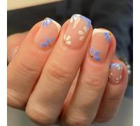 24pcs Carrés Faux Ongles Appuyez Sur Artificiel Avec Des Colorés De Fleurs Colorées Les Pointes Françaises Faux Bâtons Ongle