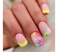 24pcs Carrés Faux Ongles Presse Sur Artificiel Avec Des Colorés De Fleurs Colorées