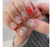 24pcs Christmas Press On Nails Square Courte Avec Argent Scintillant Arcs Français Designs En Acrylique Pour Décorations Carrés Courts Faux