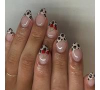 24pcs Courts Français Ongles Artificiels D'amande Avec Motifs Cerises Animales Colues Presse Sur Les Ongles Pour Femmes Ongles À Maison Art Extensions Des Ongles Élégants