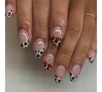 24pcs Courts Ongles Artificiels D'amande Français Avec Motifs De Cerises Animales Colues Presse Sur Les Ongles Pour Femmes Art Art Des Cerises Léopard Imprimées Faux