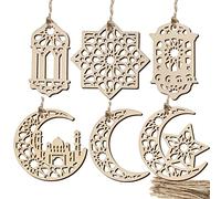 24Pcs Eid Mubarak Suspensions Bois Pendentif Décoration Guirlandes Ramadan Kareem Etoiles Lune Lampes à Huile Ornements Muraux Suspendue Plafond Lune avec Corde Jute Festivals Aïd al-Fitr 6 Styles