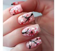 24pcs Elegant Square Faux Nails Avec Arbre Branch Flower Art For Women Nails Art Couvrettes Full Glossy Press Sur Le Plateau Set Sur Ongle