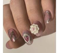 24pcs Faux Nails Spring Sur Le Thème De La Fleur Et La Fraise Courte Ovale Sur Les Ongles Pour Les Fêtes Vacances Et L'événement En Plein Air Conception Thème Patriotique