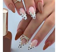 24Pcs Faux Ongles Amande À Pointe Française Avec Des Motifs D'impression De Points D'animaux En Forme De V Appuyez Facilement Sur Les Pour Les Fêtes Et L'usage Quotidien Faux Marron