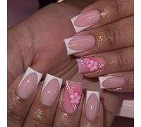 24Pcs Faux Ongles Autocollants, Court Carré Ongles à Presser Rose Fleurs French Blanc Press on Nails, Naturel Réutilisables Acrylique Ongles à Coller pour Femmes Filles Manucure Décoration