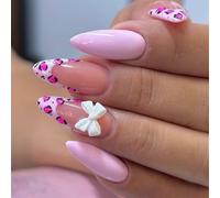 24pcs Faux Ongles Brillants Avec Léopards Stick D'amande Bows Sur Des Clous Français Styles Pressent Pour Les Femmes Élégantes Press