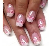 24Pcs Faux Ongles Court Carré, Soft Gel Rose Nude Press on Nails avec Fleur de pêcher Designs, Acrylique Square Faux Ongles à Coller, Réutilisables French Capsule Ongles pour Femmes et Filles