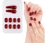 24pcs Faux Ongles Courts Carré Sticker Nail Art Couverture Complète Avec Autocollant À Ongles Accessoires Bricolage Ongle Artificiels Carrés Avec Colle Cadeau Femme Fille (Couleur Rouge Cerise)