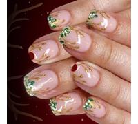 24PCS Faux Ongles de Noël Paillettes Dorées Conception de Feuille de Renne Ongles Artificiels ABS pour Fête de Vacances Port Rapide de Flocon de Neige Facile à Appliquer Décorations de de