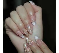 24pcs Faux Ongles Élégants En Amande Avec Pointe Française Et Floral Accent Doré Couvertures Complètes À Coller Sur Les Pour Les Fêtes Acryliques Élégants