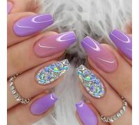 24PCS Faux Ongles Moyen Cercueil Gel Français Press on Nails Violet Brillant Capsules Ongles avec Autocollants Adhesif Couverture Complète Acrylique Ongles à Coller pour Femme DIY Manucure Salon
