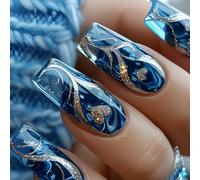 24pcs Faux Ongles Set Gold Plitters Decoration Coeur Décoration Blue Square Manucure Stick Sur Les Ongles Pour Femmes Et Filles Élégantes