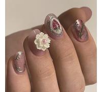 24pcs Faux Ongles Thème Printemps Fleur Et Fraise Court Ovale Presse Sur Les Ongles Pour Fêtes De Vacances Et Événements En Plein Air Jour De L'Indépendance Nail Art