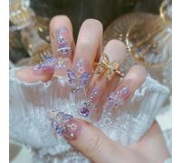 24Pcs Faux Ongles Violets Brillants Avec Papillon 3D Et Planète Aurora, Ongles À Poser Amovibles, Prêts À L’Emploi Avec Colle, Gel Et Kit Complet