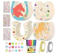 24pcs Fer à Cheval en Bois, DIY Fers à Cheval en Bois Décoration +12 Crayons d'aquarelle +3 Strass Autocollants +2 Rubans, Enfant Bricolage Manuelle pour Party Anniversaire Cadeau Printemps