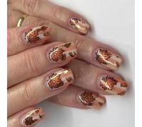 24pcs Feuilles Sur Le Thème De La Presse Sur Les Pointes En Feuille D'or Conception De Feuille À Rayures Courte Ongles Artificiels Pointes Radiance Rampe Fleurie Absette Faux Ongle