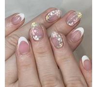 24pcs Fleur De Fleurs Faux Nails Acryliques Couvertures Complètes Artificielles Appuyez Sur Des Paillettes Stick On Pour Les Parties Quotidiennes Nail De Retrait Facile