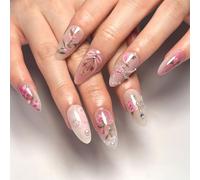 24pcs Flower Press On Nails Styles D'amande Avec Perles Hinaistones Finales Brillantes Faux Nails Pour Femmes Amond
