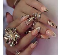 24pcs Francs Faux Nails Avec Rayures Dorées AMANDE PRESS SUR COUVERTES PLUS ACRYLIQUES AVEC STAR DESIGNS Nail Art