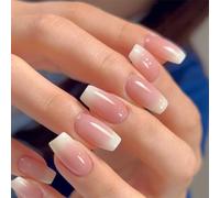 24pcs French Tip Faux Nails Moyen Cercer de cercueil Blanc Blanche Stick sur des ongles Nude Pink Press on Nails Removable Glue-on Nails Faux Nails Acrylique Couverture complète Nails Femmes Girls