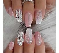 24pcs French Tip Faux Nails Moyen Cercer de cercueil Blanc Blanche Stick sur des ongles Nude Pink Press on Nails Removable Glue-on Nails Faux Nails Acrylique Couverture complète Nails Femmes Girls