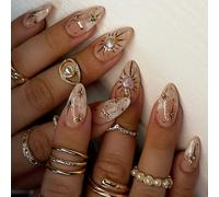 24pcs Glossy French Amander Press Sur Des Ongles Avec Des Conceptions Soleil Lune Étoiles Art Stick Acrylique Sur Des Ongles Pour Les Dames Art