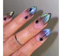 24pcs Halloween Faux Ongles Amande Français Ciel Étoilé Press on Nails avec Motif Araignée, Couverture Complète Acrylique Fake Nails avec Autocollants Adhesif pour Femmes et Filles