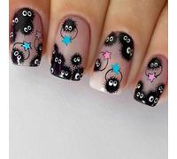 24Pcs Halloween Faux Ongles Autocollants, Courts Carrés Ongles à Coller | Français Press on Nails, Adorable Esprit de Suie Acrylique Pleine Couverture Capsules Ongles pour Femmes Filles Manucure DIY