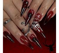 24pcs Halloween Noir Rouge Gradient Long Bout Pointu Faux Ongles Toile d'araignée Faux Ongles, Femme Presse Ongles Autocollants Adhesif Reutilisable Fake Nails