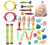 24Pcs Jouets Plongée Enfants Cadeaux, Set Jouets Plongée Piscine, Sirènes Anneaux Plongée Bâtons Jouets Algues Pierres précieuses Torpille Sac à Cordon, pour Plages Extérieures Pool Party Cadeau