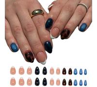 24Pcs Longue Presse Sur Les Ongles Dans Un Design Rétro Navys Bleu Écaille De Avec Des Accents De Accent Presse Sur La Collection D'Ongles