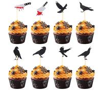24pcs Lot Décorations Cupcakes Halloween, Corbeau Noir Pailleté et Couteau Ensanglanté Picks Cupcake Décorations Gâteau Halloween Préassemblées pour Fête d’Anniversaire Thème Horreur